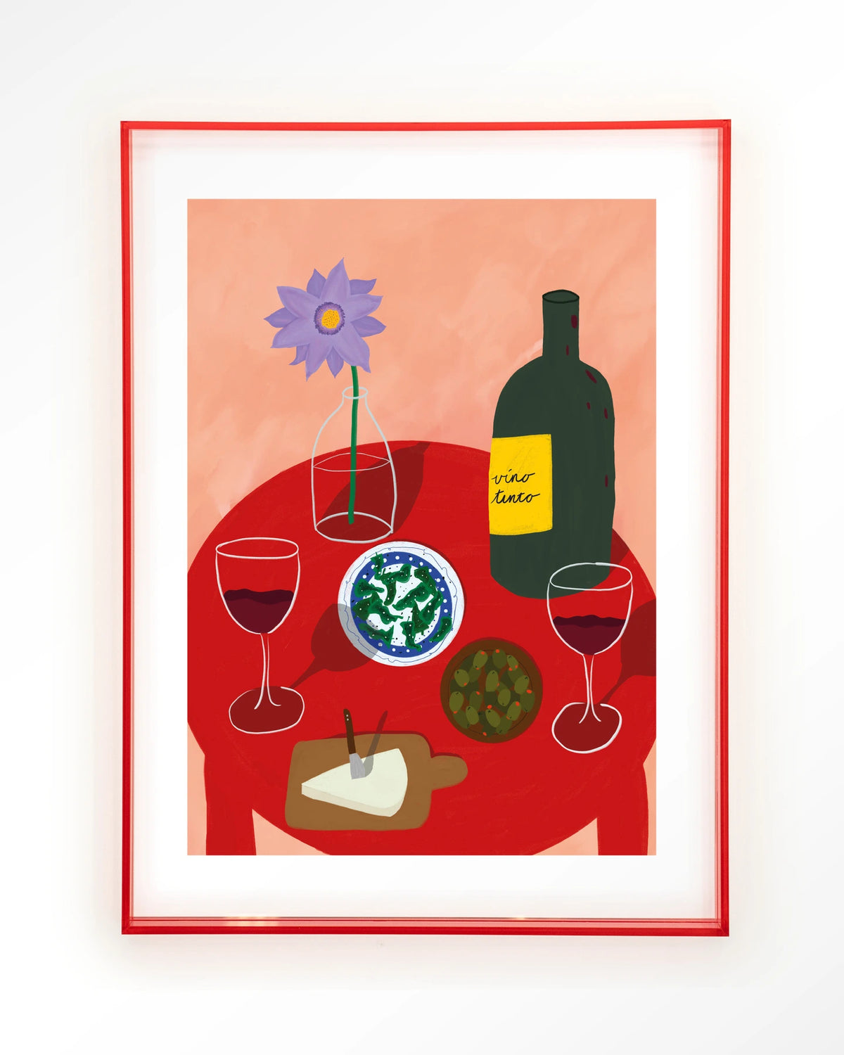 Tinto Evening – tafel met wijn en olijven – Art print – Acryl roze