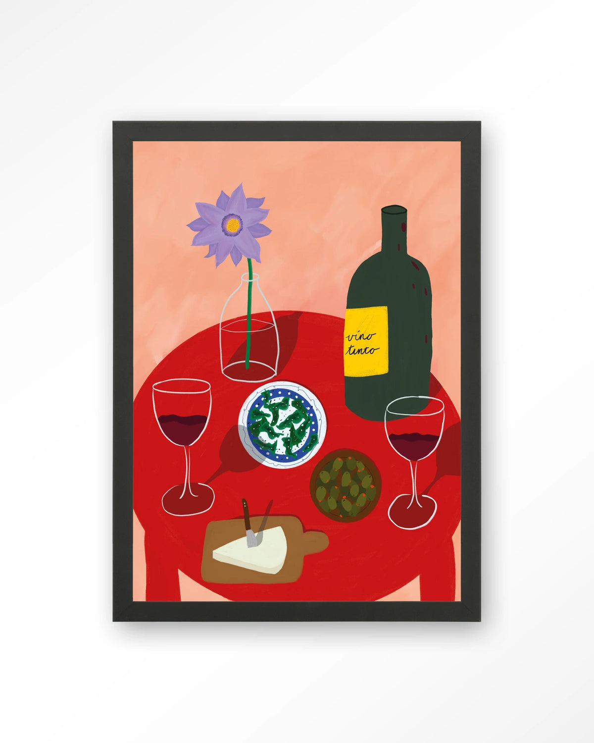 Tinto Evening – tafel met wijn en olijven – Art print – Hout zwart