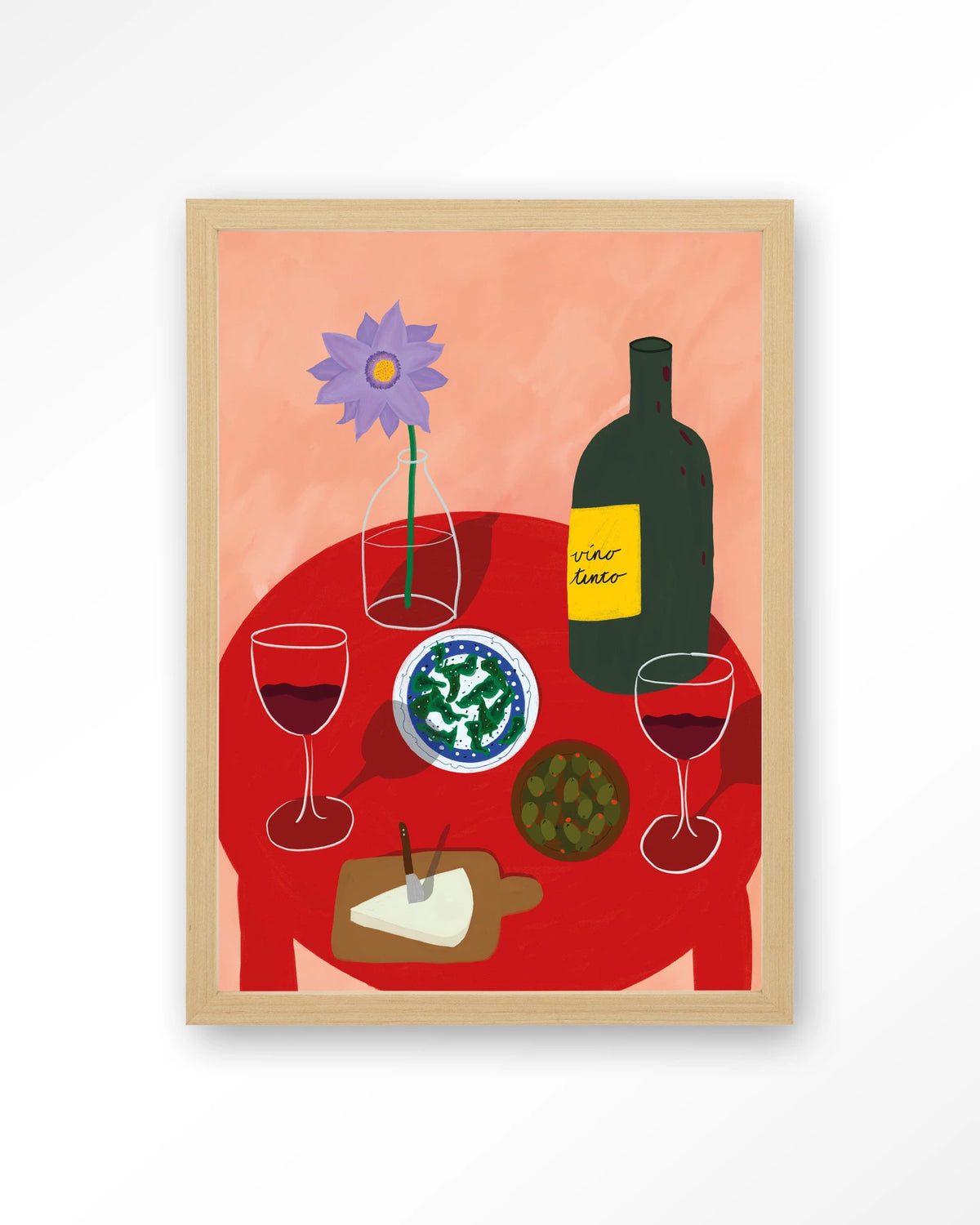 Tinto Evening – tafel met wijn en olijven – Art print – Hout naturel