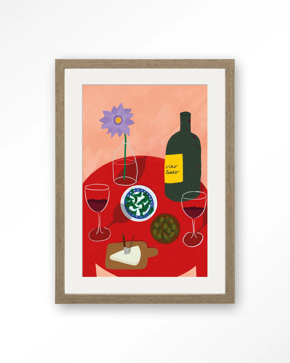 Tinto Evening – tafel met wijn en olijven – Art print – Hout bruin + passe-partout