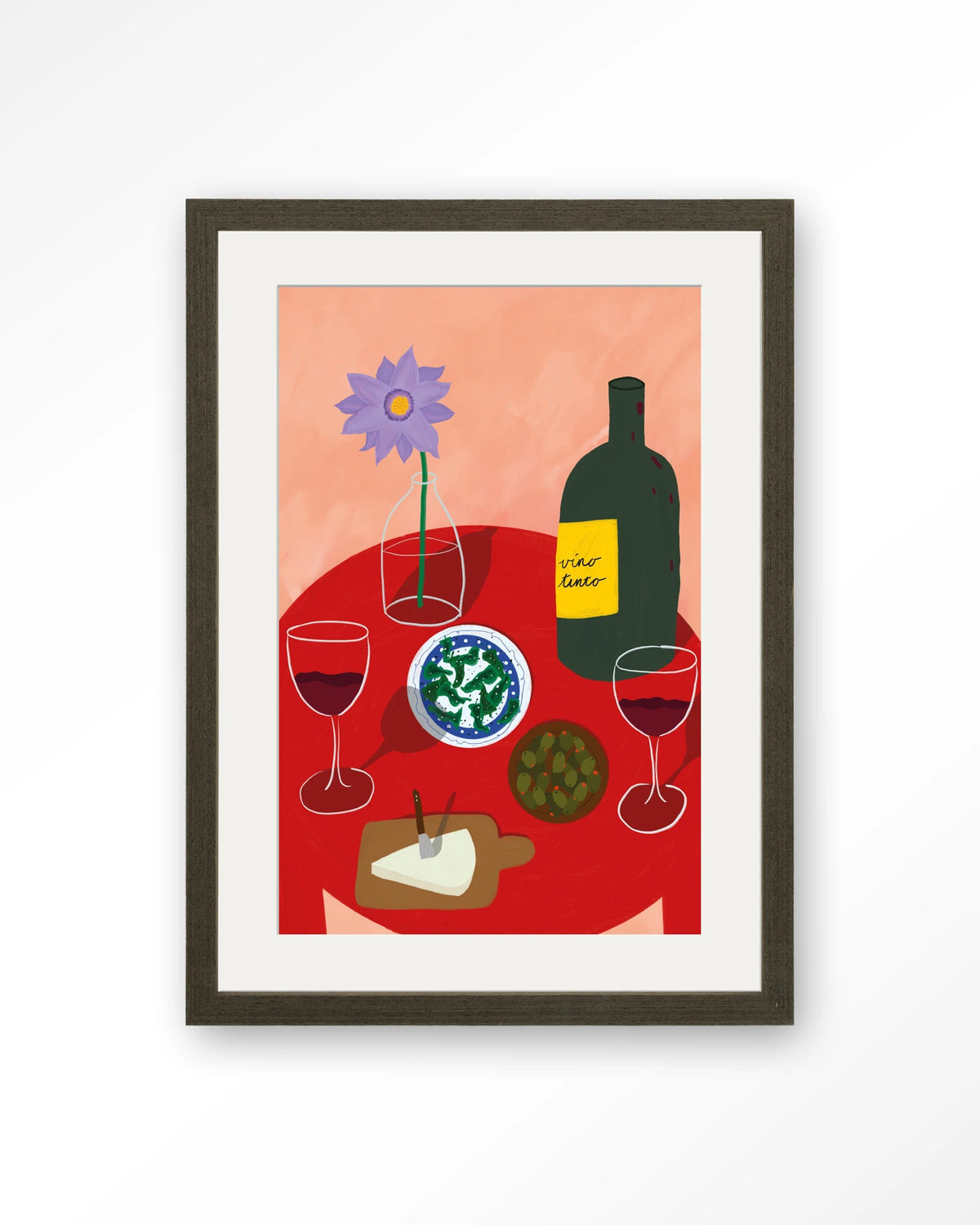 Tinto Evening – tafel met wijn en olijven – Art print – Hout donkerbruin + passe-partout