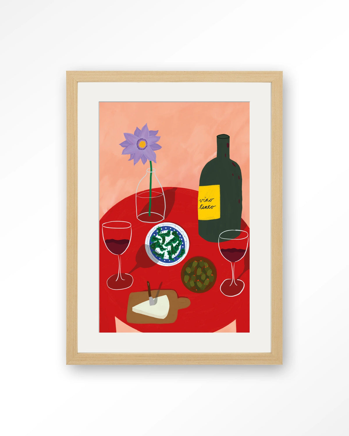 Tinto Evening – tafel met wijn en olijven – Art print – Hout naturel + passe-partout