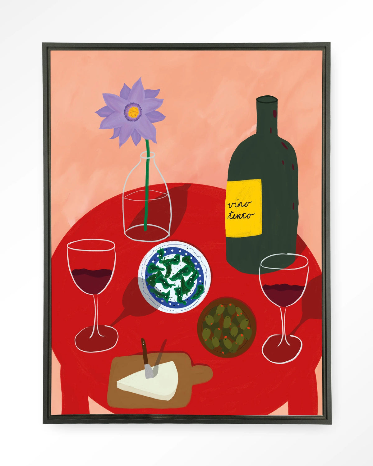 Tinto Evening – tafel met wijn en olijven – Wandkleed – Floating frame – zwart