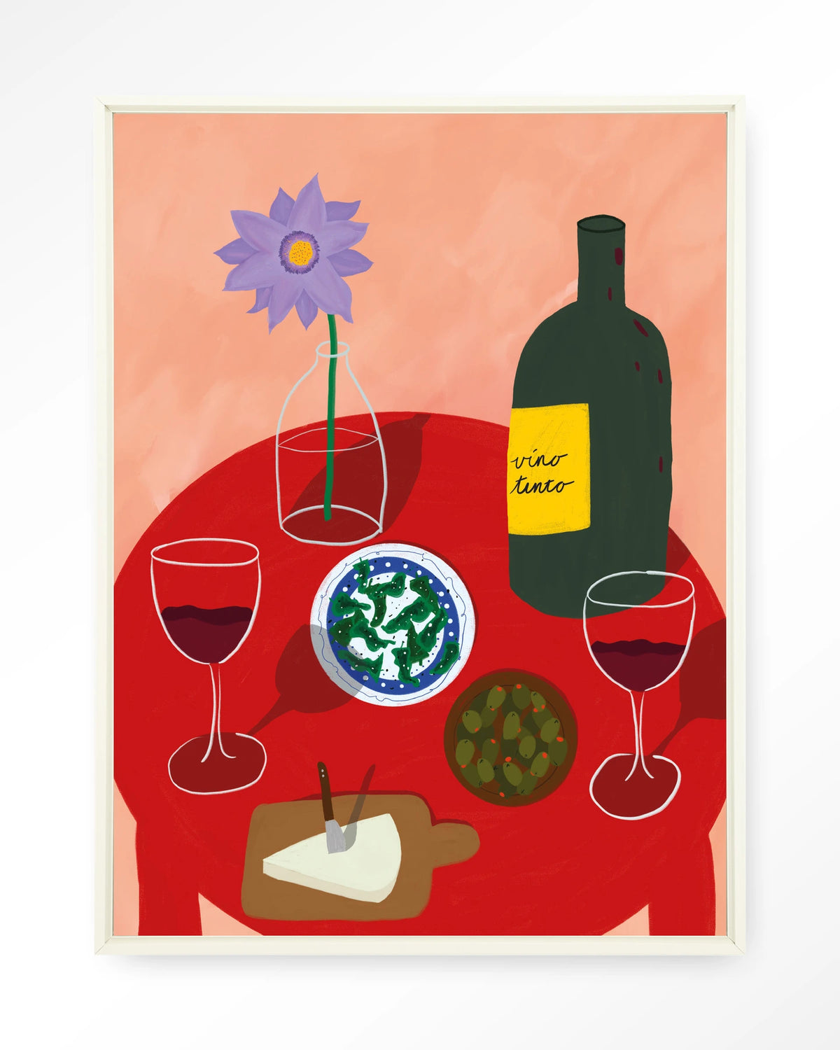 Tinto Evening – tafel met wijn en olijven – Wandkleed – Floating frame – wit