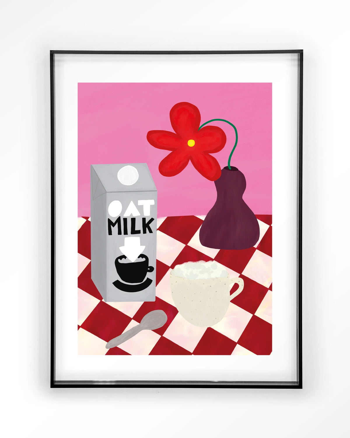 Oatmilk Morning – havermelk en koffie op geruite tafel – Art print – Acryl zwart
