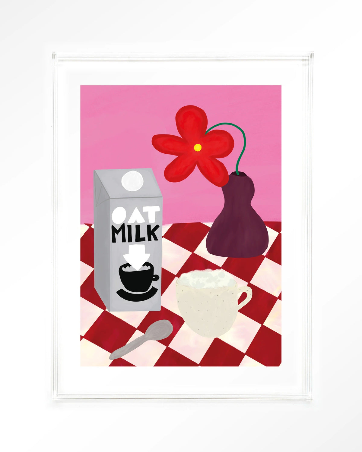 Oatmilk Morning – havermelk en koffie op geruite tafel – Art print – Acryl doorzichtig