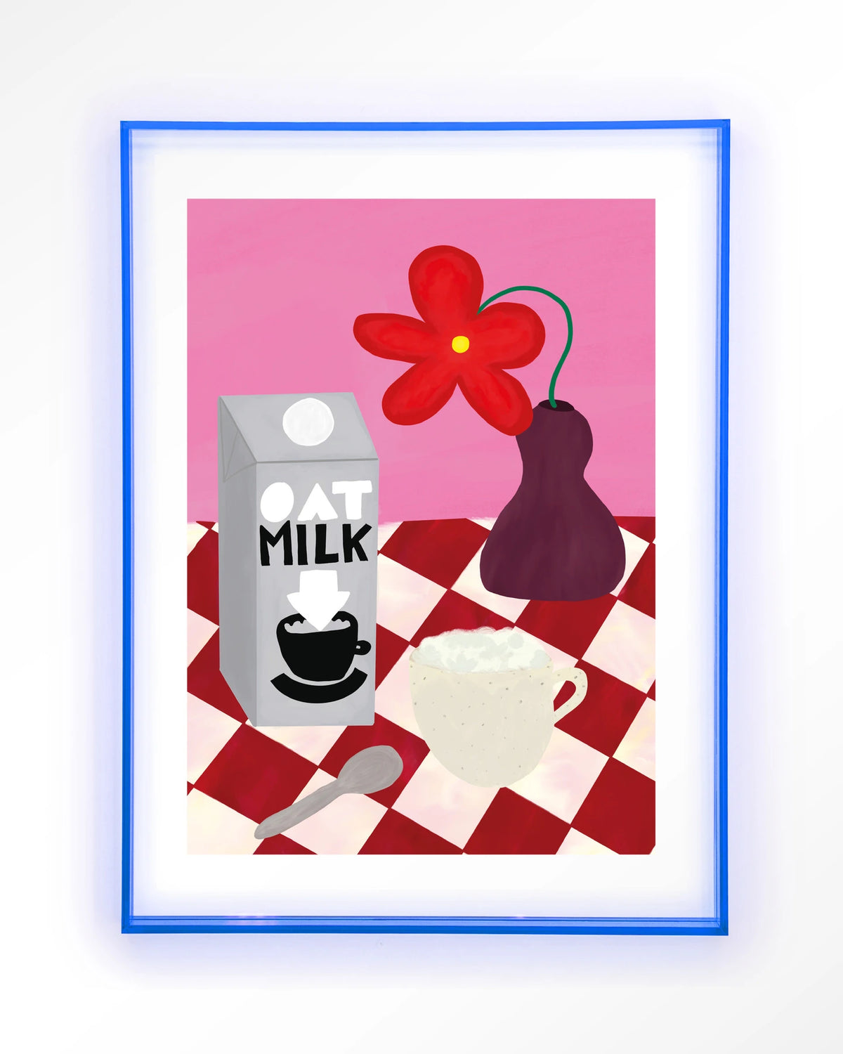 Oatmilk Morning – havermelk en koffie op geruite tafel – Art print – Acryl lichtblauw