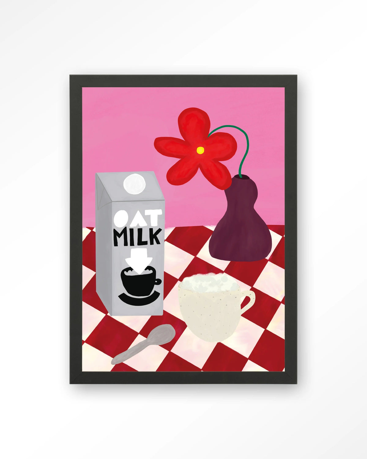 Oatmilk Morning – havermelk en koffie op geruite tafel – Art print – Hout zwart