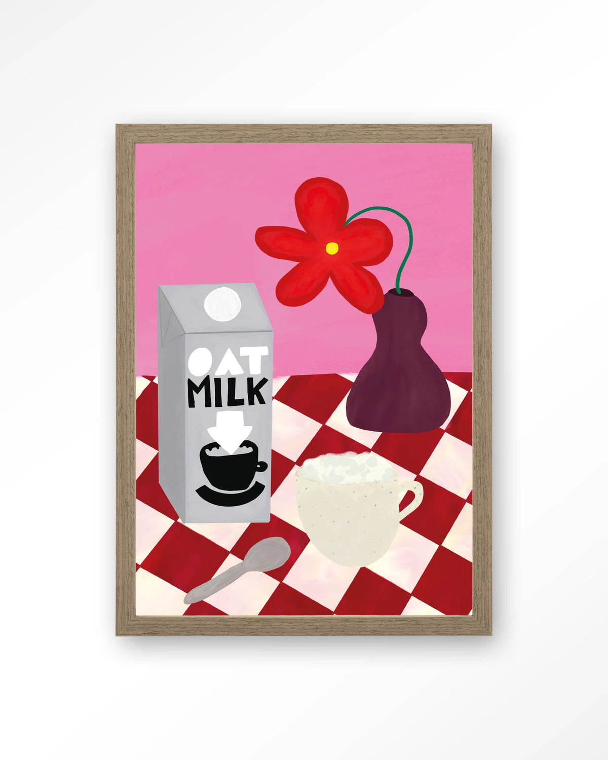 Oatmilk Morning – havermelk en koffie op geruite tafel – Art print – Hout bruin