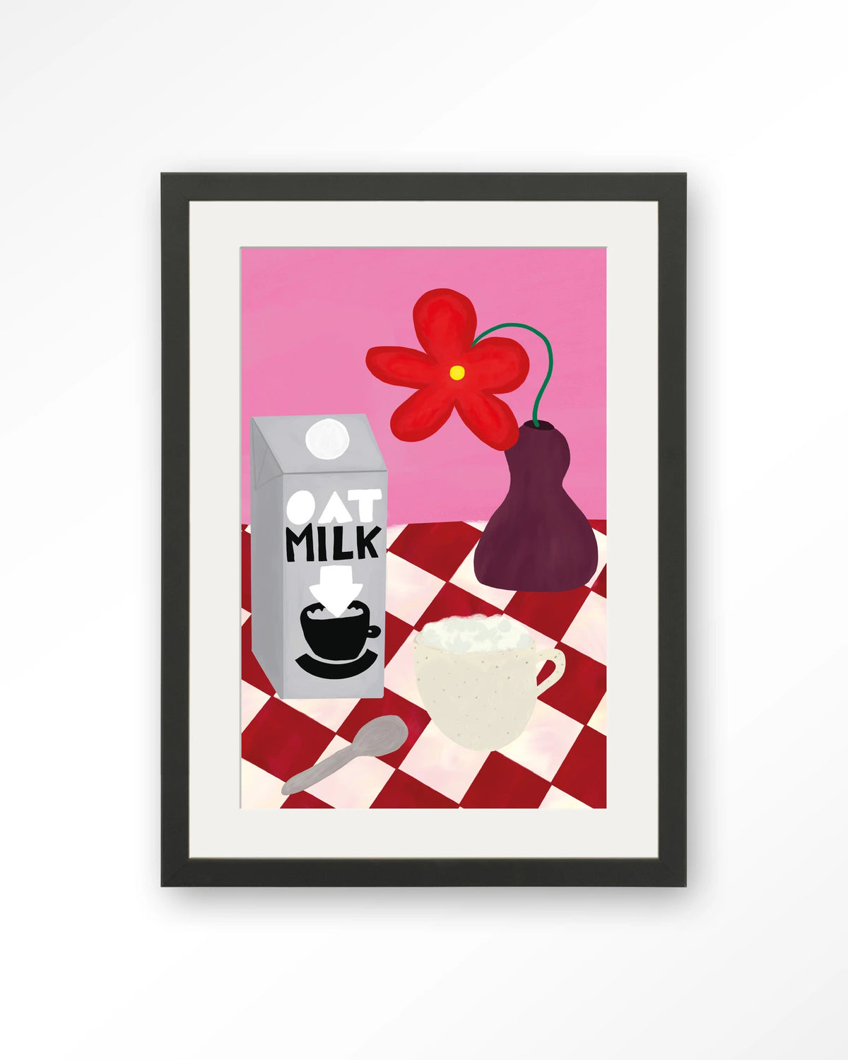 Oatmilk Morning – havermelk en koffie op geruite tafel – Art print – Hout zwart + passe-partout