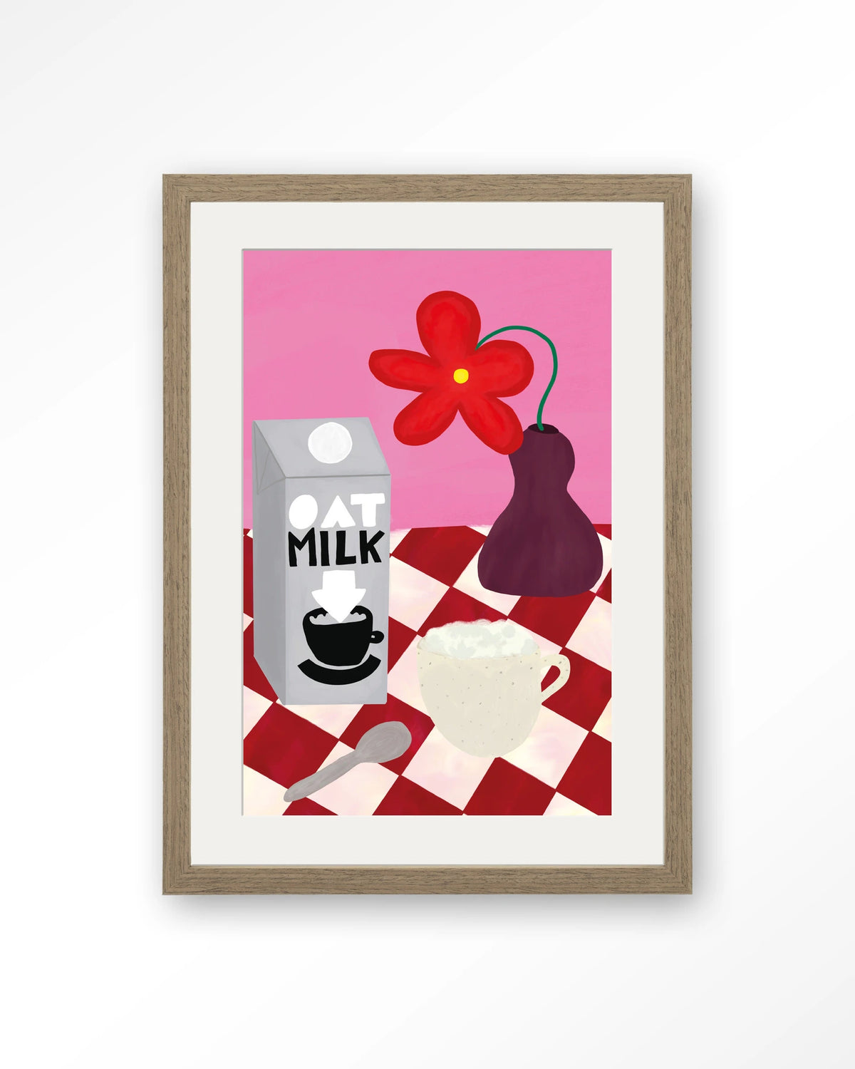 Oatmilk Morning – havermelk en koffie op geruite tafel – Art print – Hout bruin + passe-partout