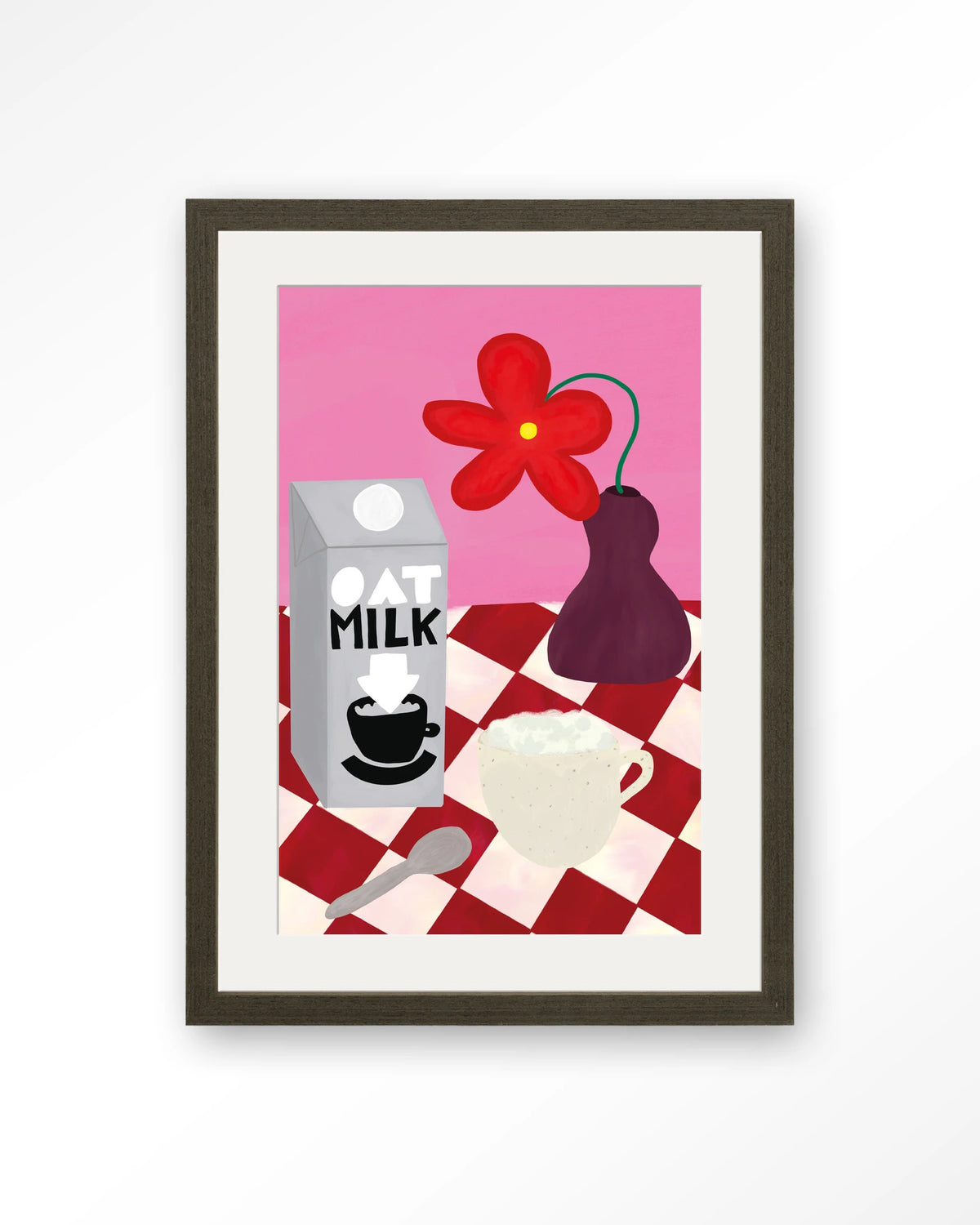 Oatmilk Morning – havermelk en koffie op geruite tafel – Art print – Hout donkerbruin + passe-partout