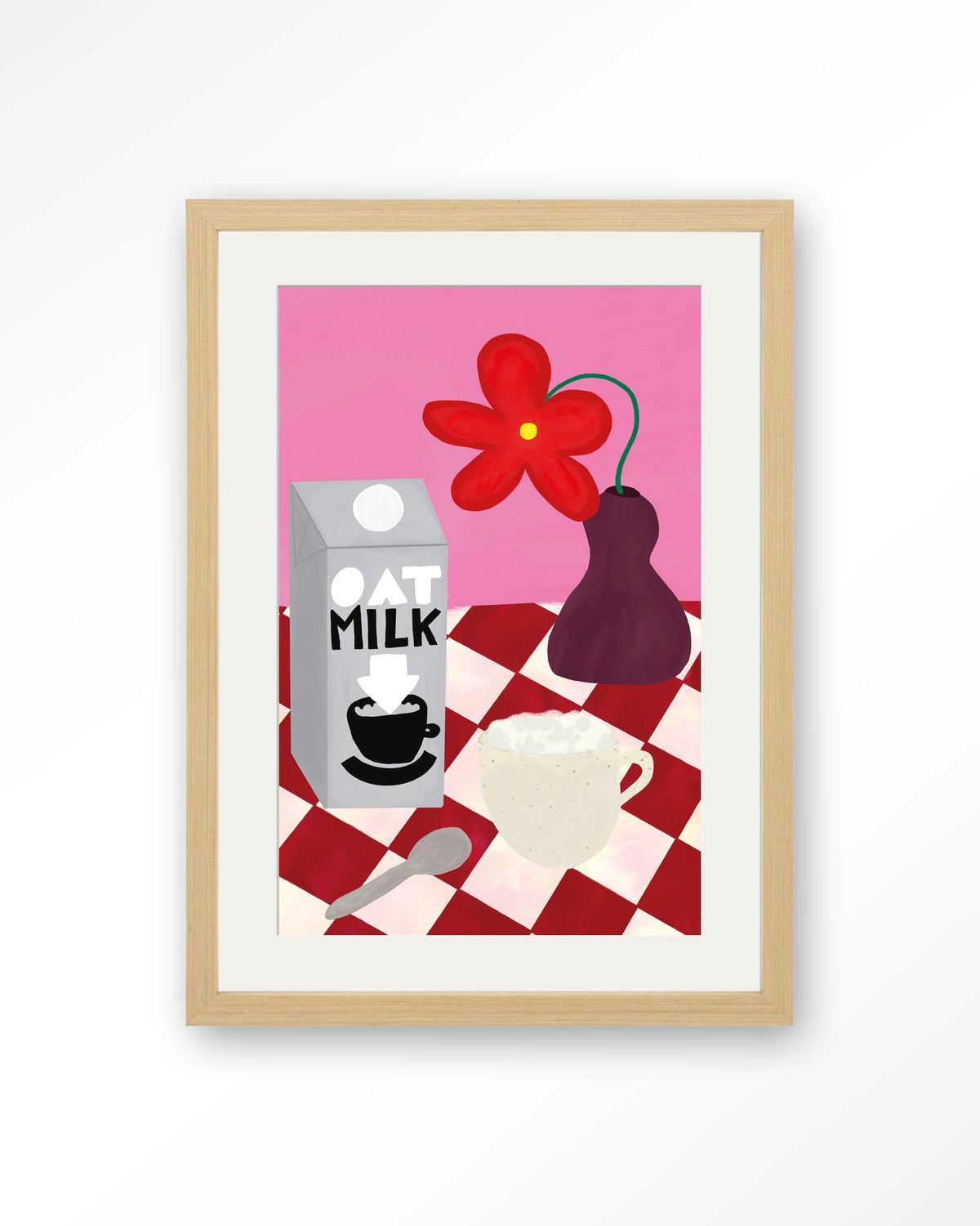 Oatmilk Morning – havermelk en koffie op geruite tafel – Art print – Hout naturel + passe-partout
