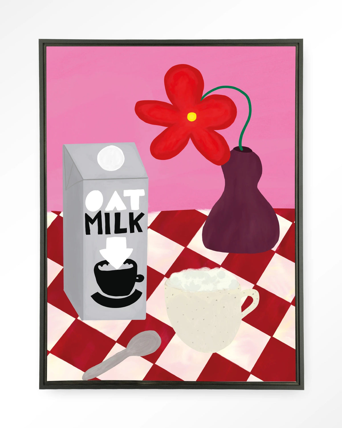 Oatmilk Morning – havermelk en koffie op geruite tafel – Wandkleed – Floating frame – zwart