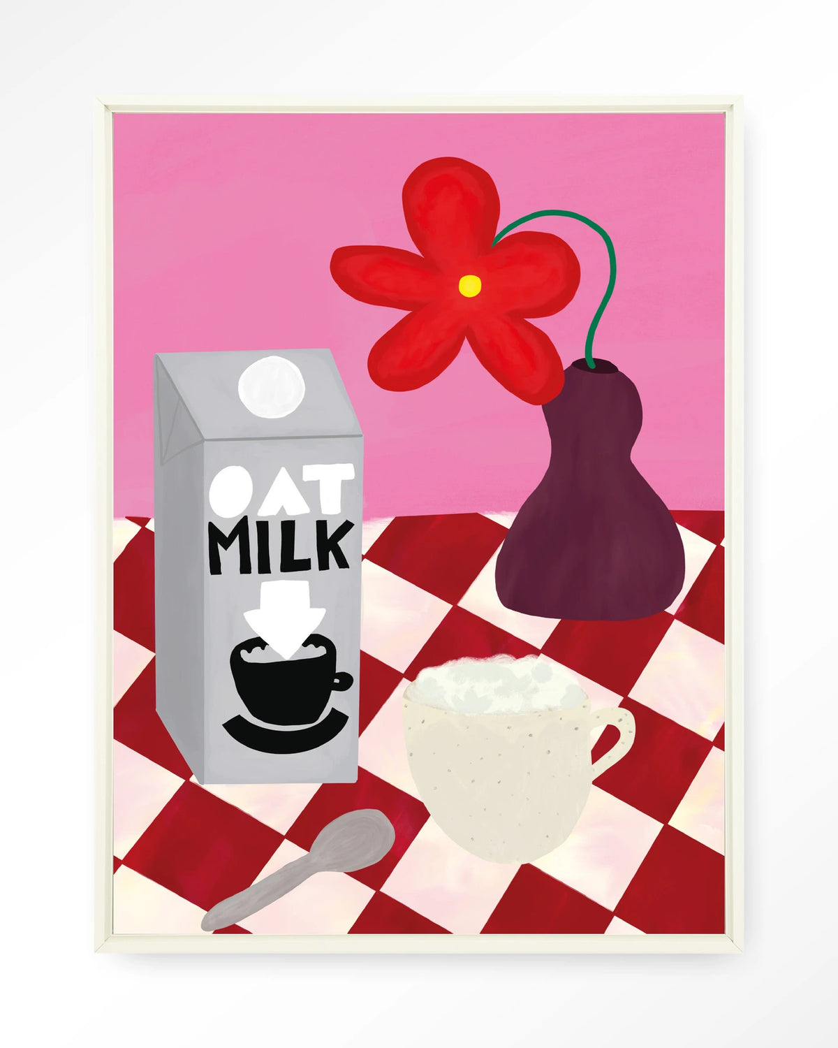 Oatmilk Morning – havermelk en koffie op geruite tafel – Wandkleed – Floating frame – wit