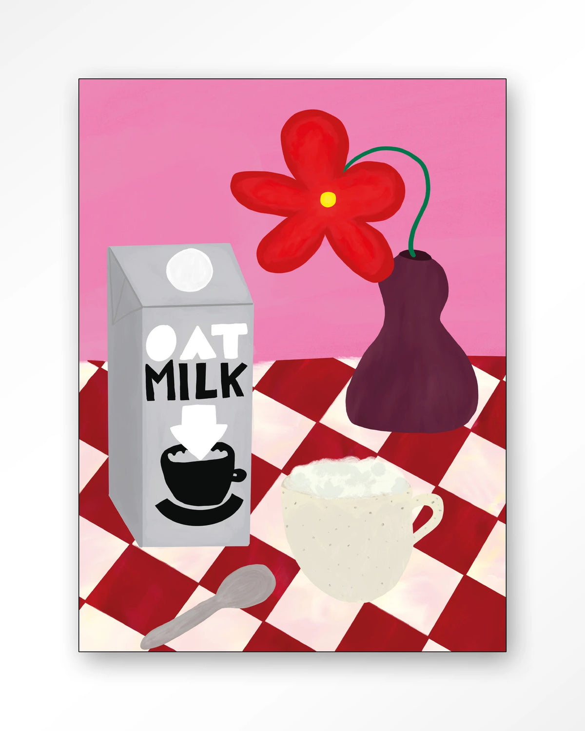 Oatmilk Morning – havermelk en koffie op geruite tafel – Wandkleed – Frame – zwart