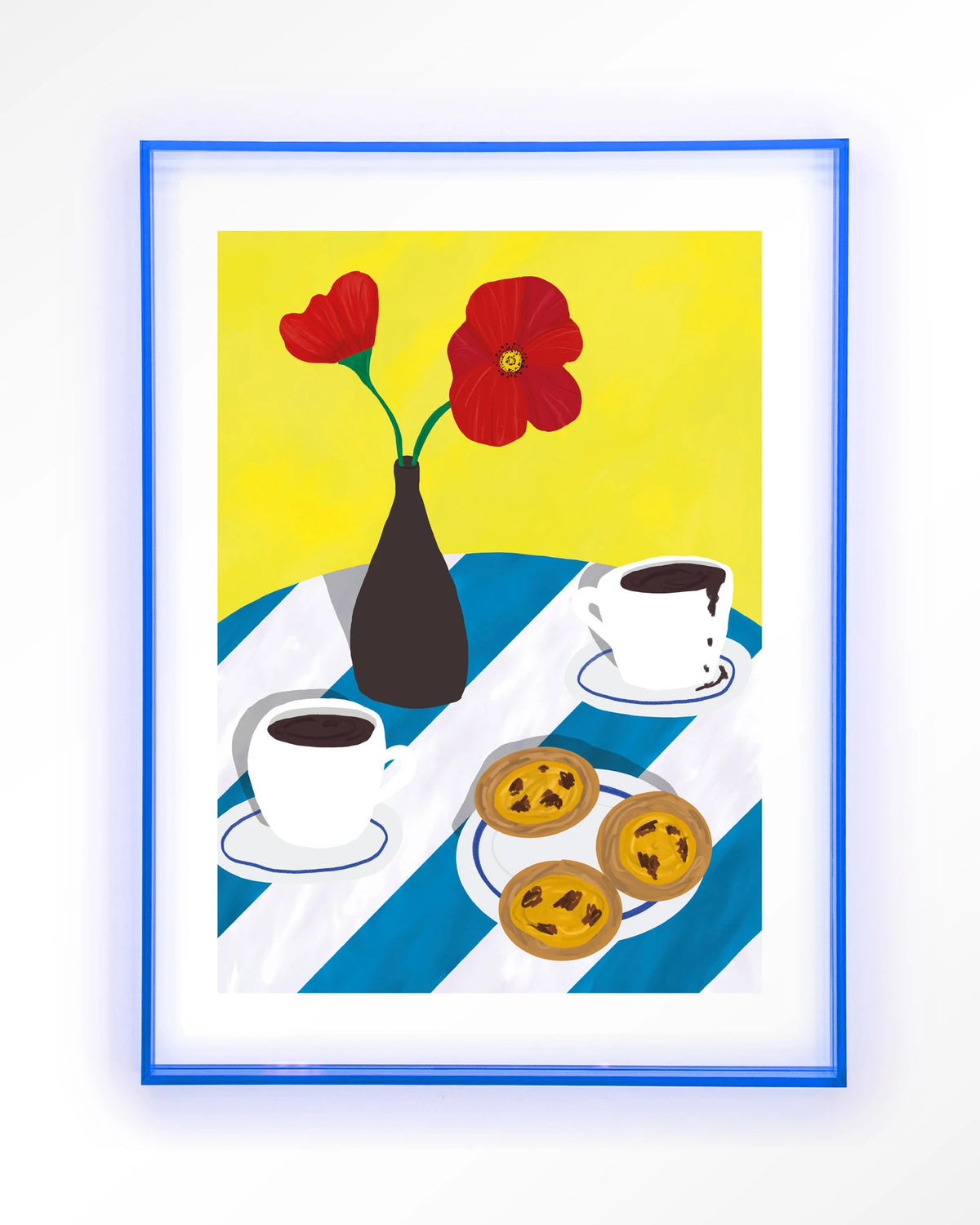 Nata Afternoon – pastel de nata met koffie en bloemen – Art print – Acryl lichtblauw