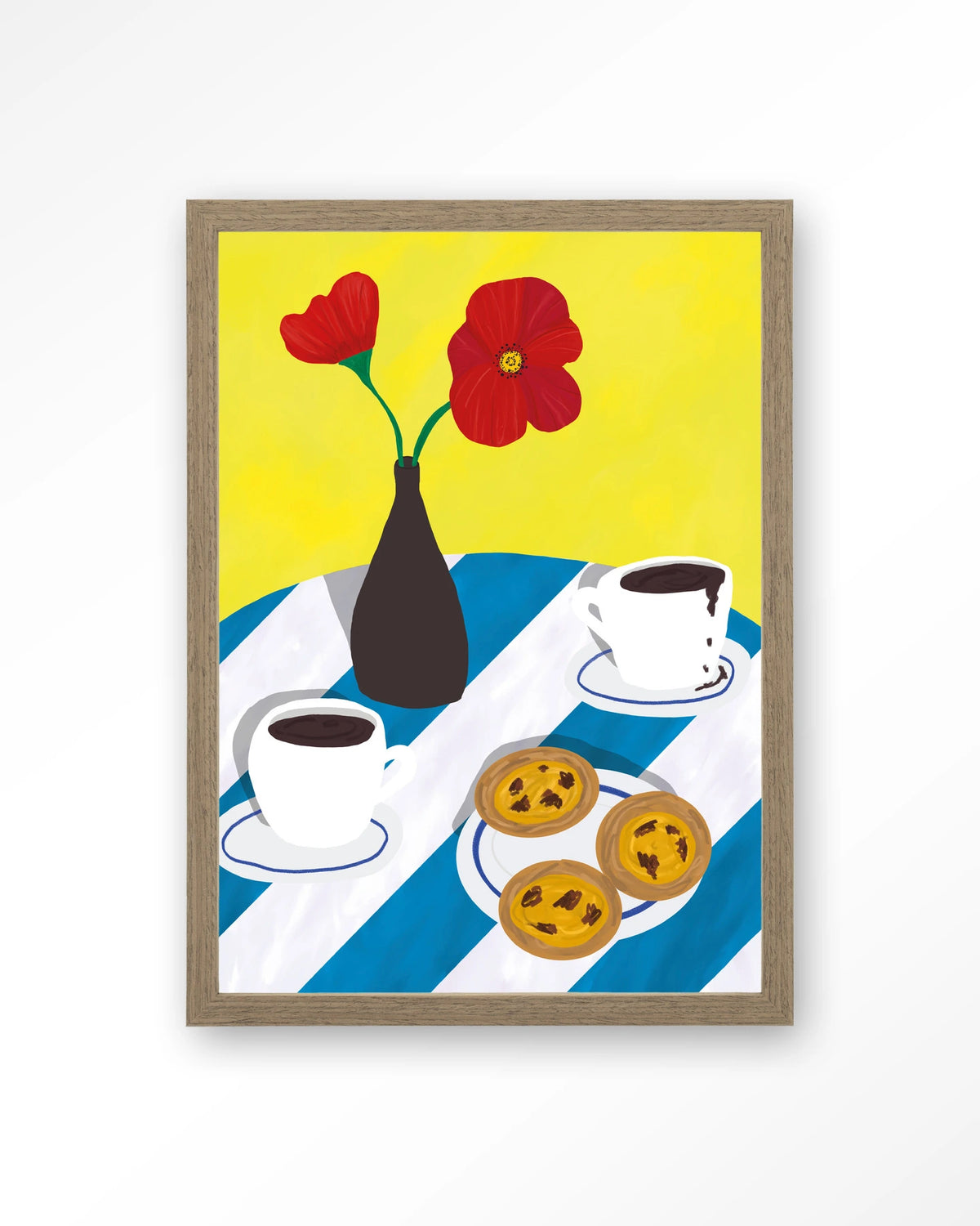 Nata Afternoon – pastel de nata met koffie en bloemen – Art print – Hout bruin