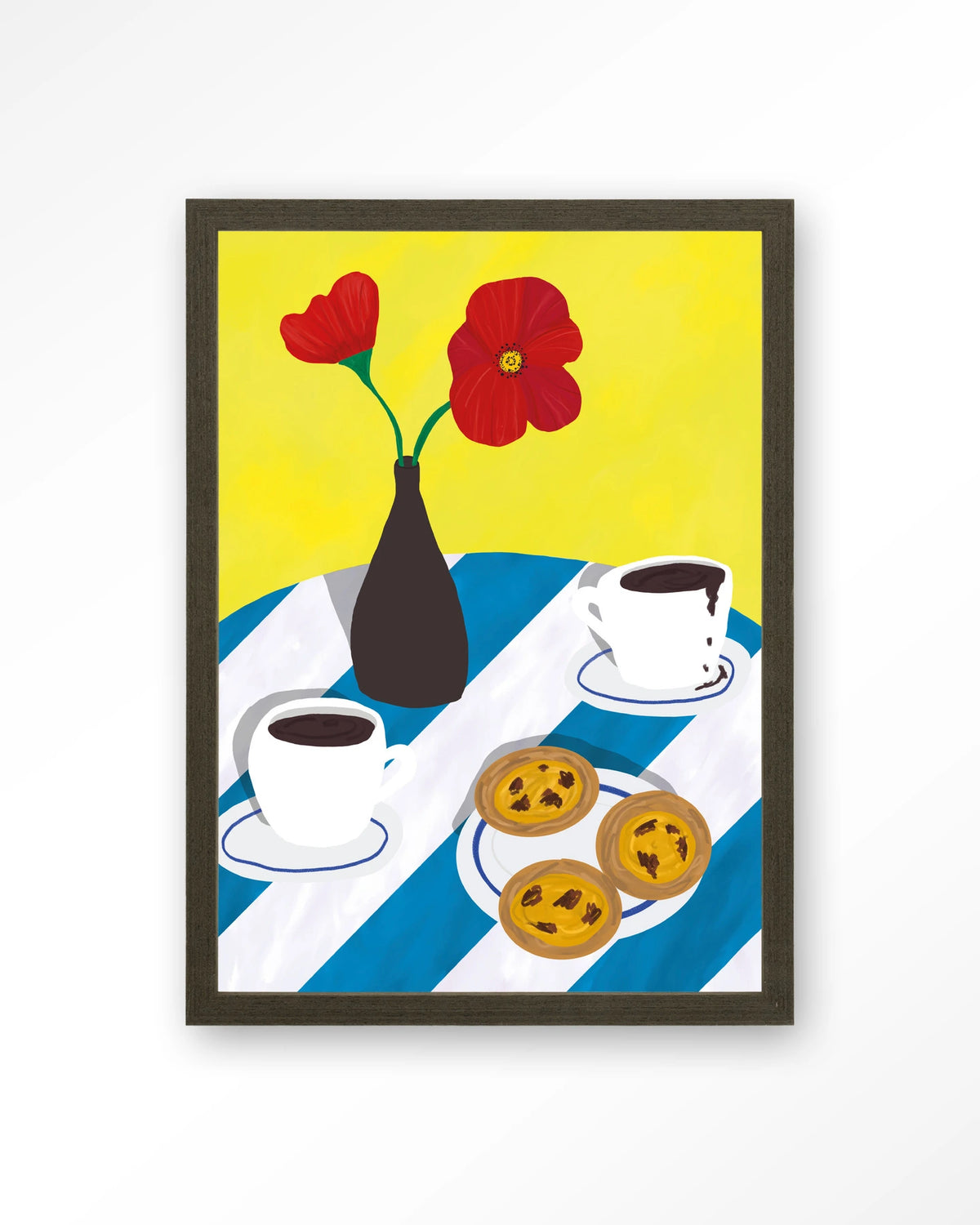 Nata Afternoon – pastel de nata met koffie en bloemen – Art print – Hout donkerbruin