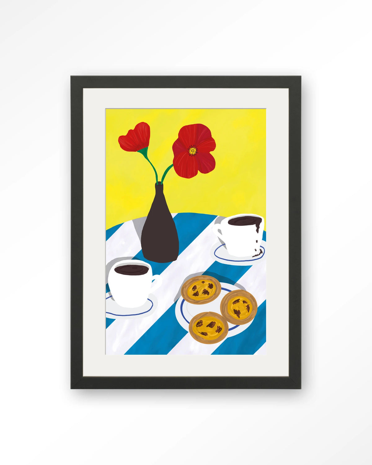 Nata Afternoon – pastel de nata met koffie en bloemen – Art print – Hout zwart + passe-partout
