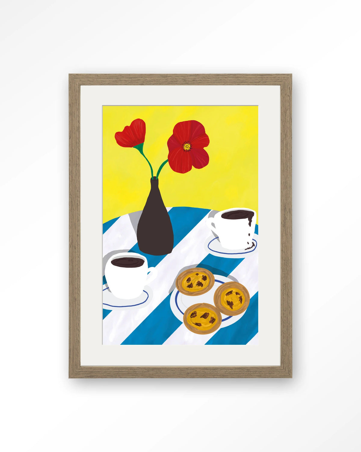 Nata Afternoon – pastel de nata met koffie en bloemen – Art print – Hout bruin + passe-partout