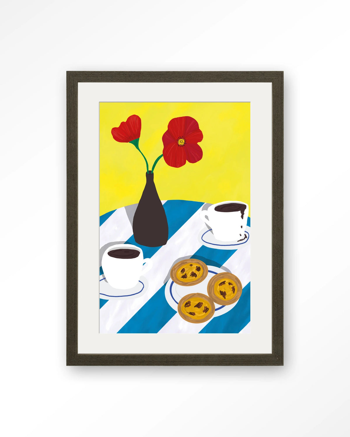 Nata Afternoon – pastel de nata met koffie en bloemen – Art print – Hout donkerbruin + passe-partout