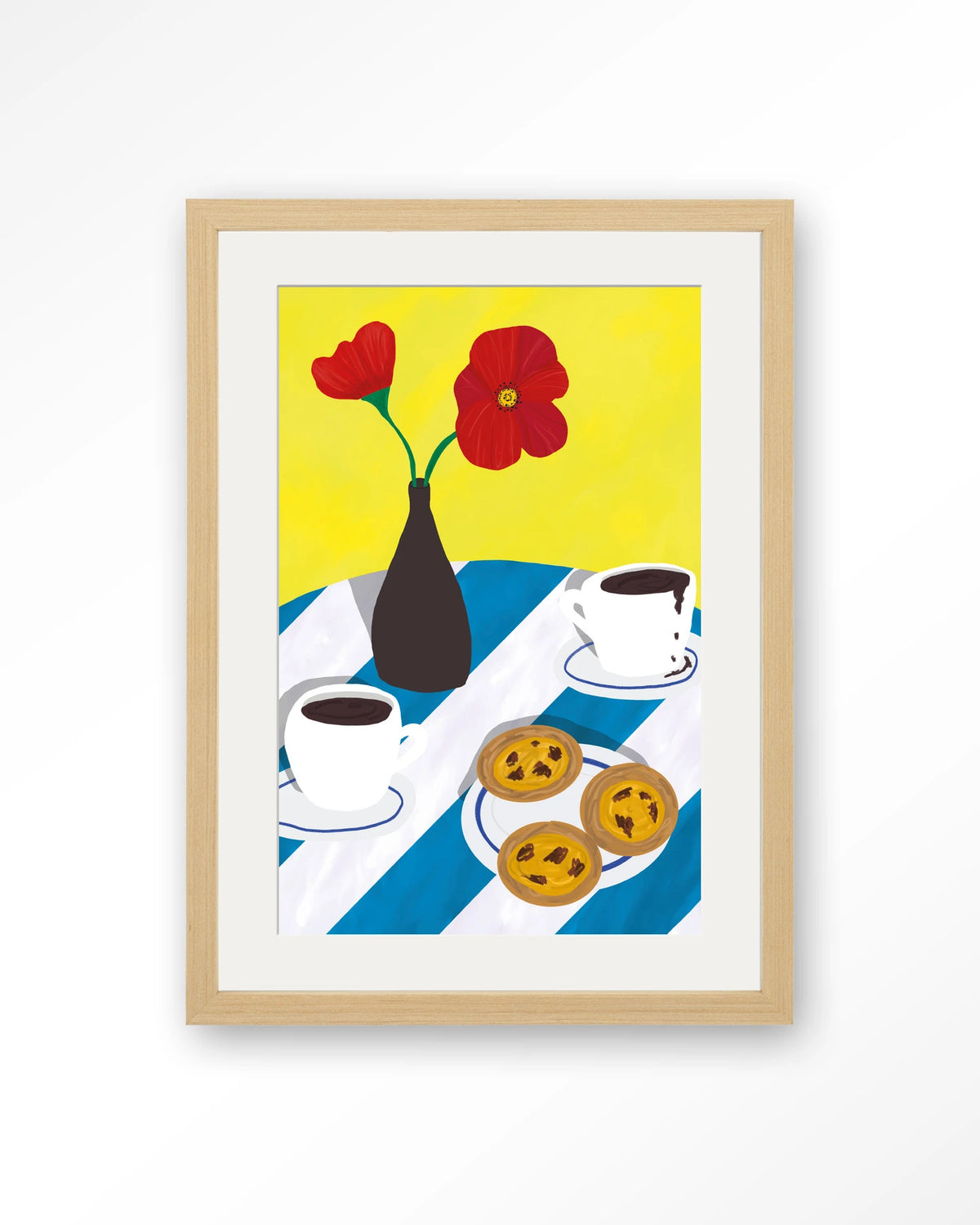 Nata Afternoon – pastel de nata met koffie en bloemen – Art print – Hout naturel + passe-partout