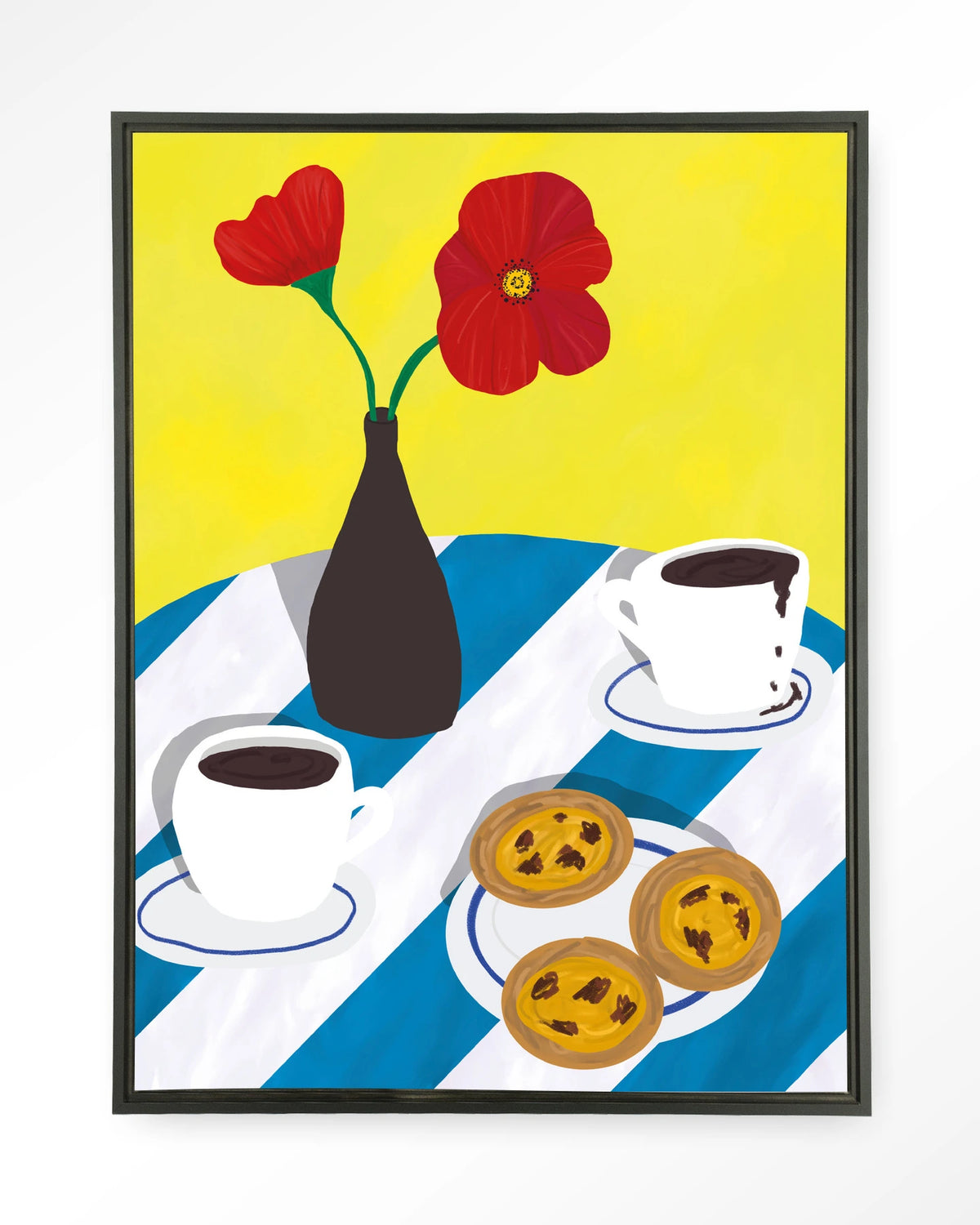 Nata Afternoon – pastel de nata met koffie en bloemen – Wandkleed – Floating frame – zwart