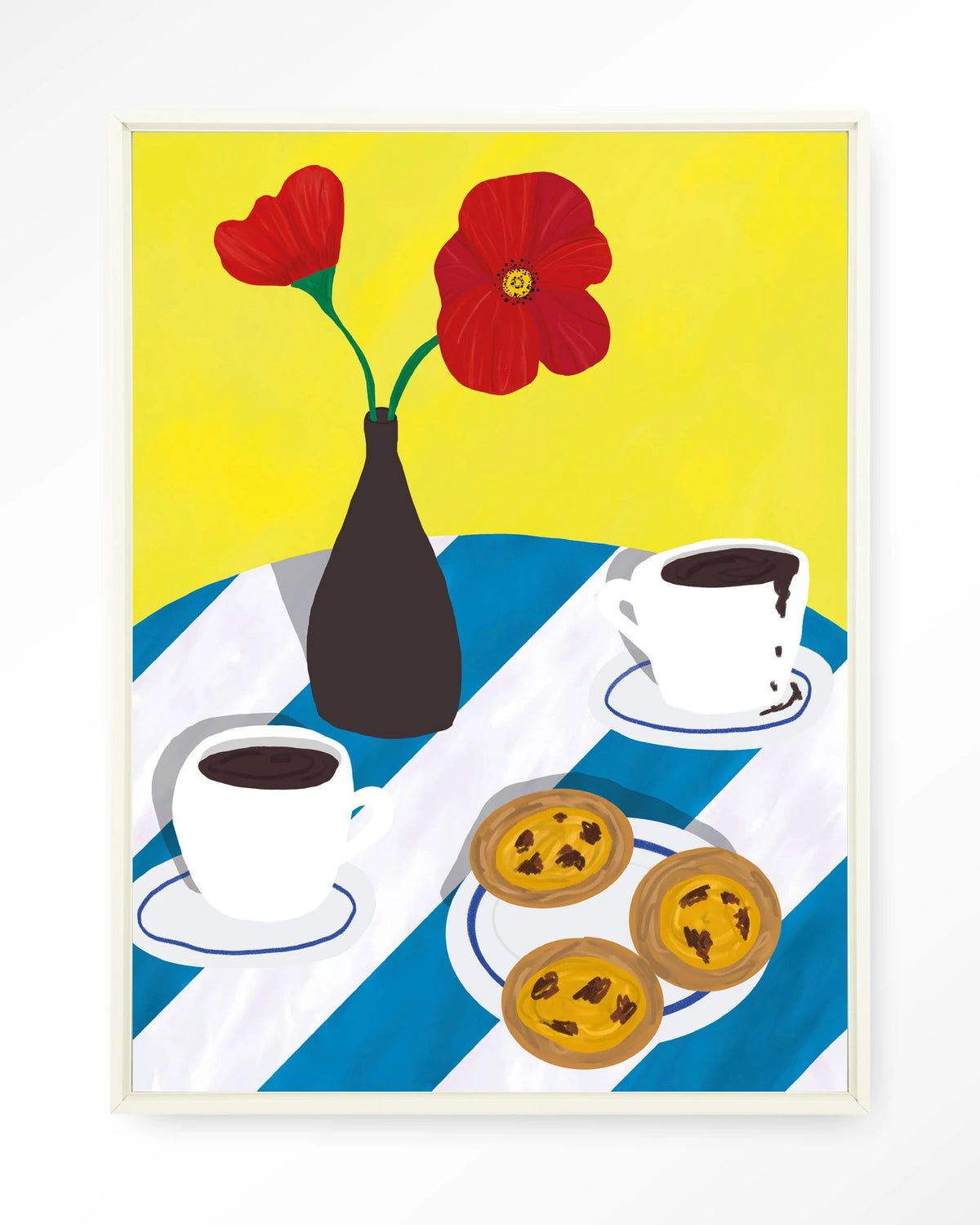 Nata Afternoon – pastel de nata met koffie en bloemen – Wandkleed – Floating frame – wit