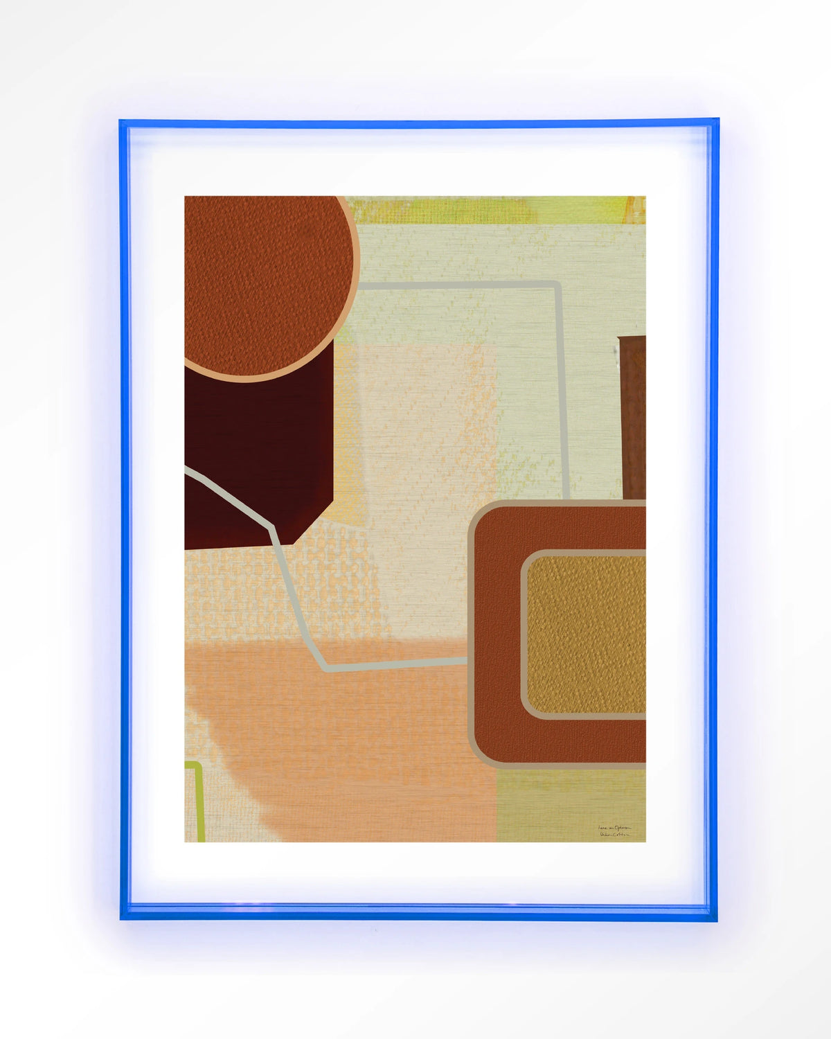 Deuce – abstract in terracotta en geel – Art print – Acryl lichtblauw
