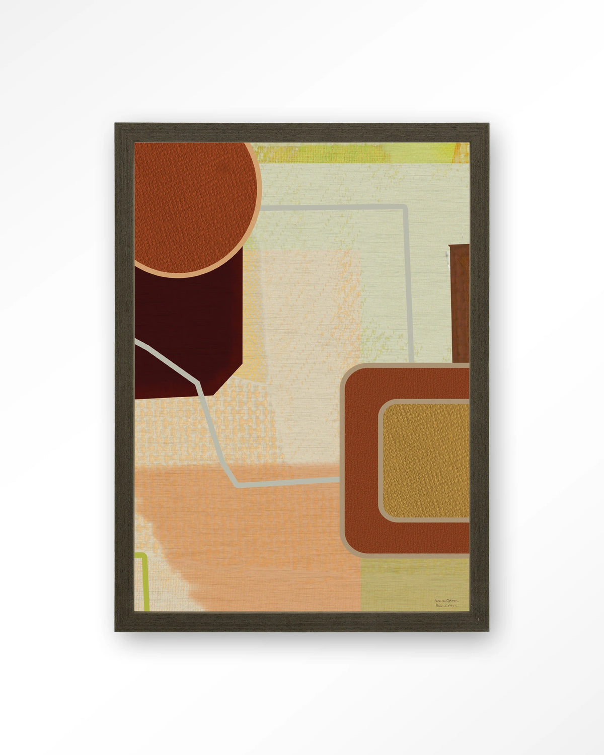Deuce – abstract in terracotta en geel – Art print – Hout donkerbruin