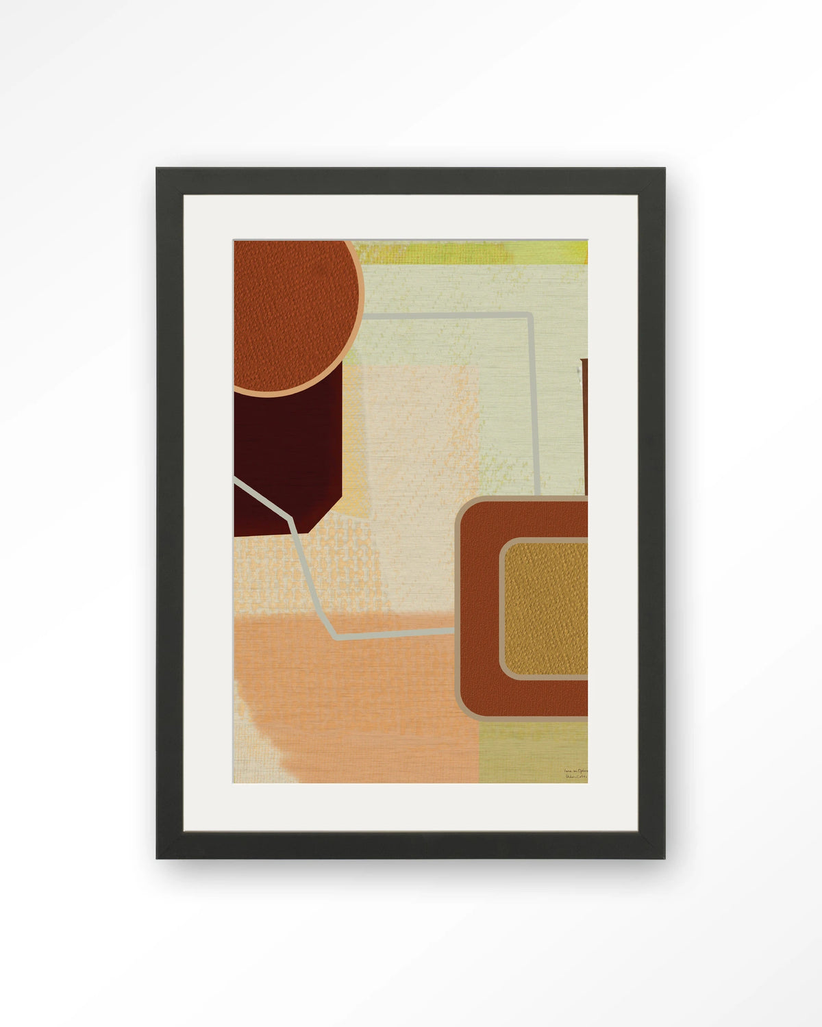 Deuce – abstract in terracotta en geel – Art print – Hout zwart + passe-partout