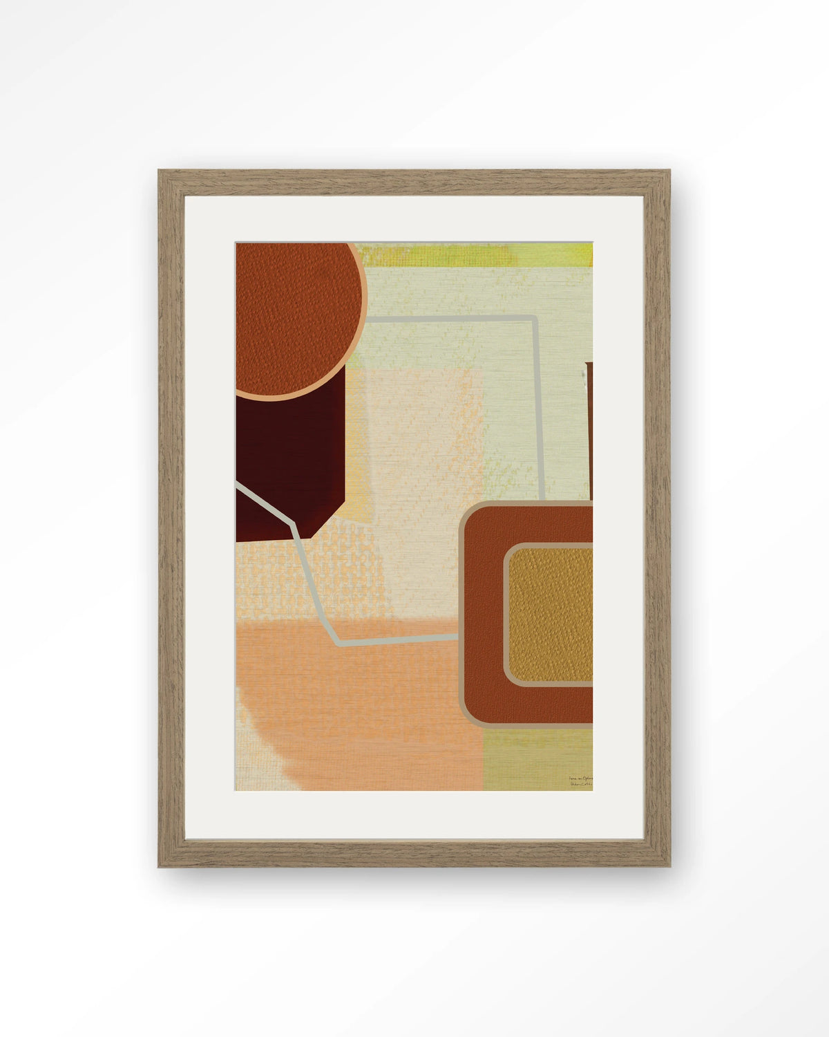 Deuce – abstract in terracotta en geel – Art print – Hout bruin + passe-partout