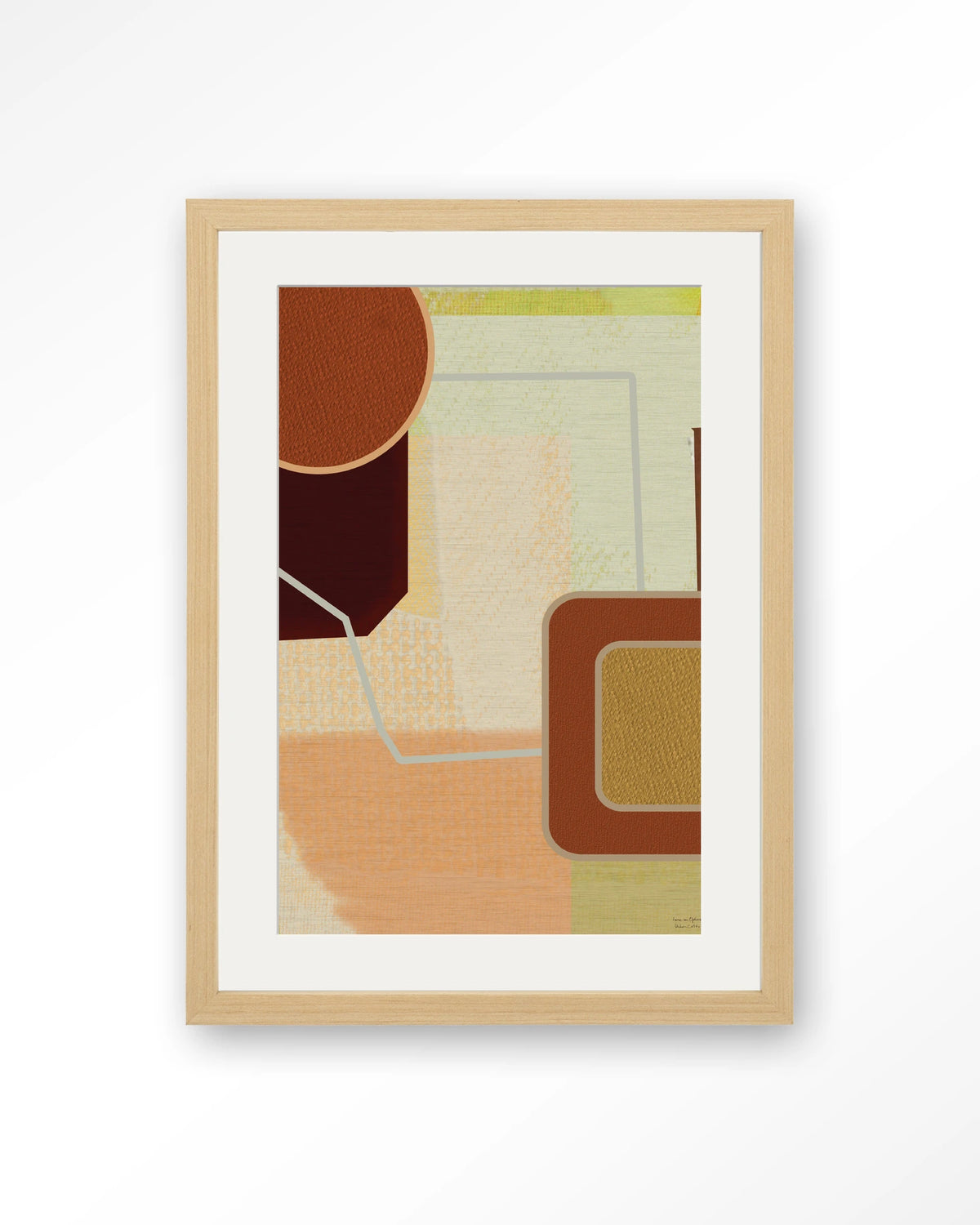 Deuce – abstract in terracotta en geel – Art print – Hout naturel + passe-partout