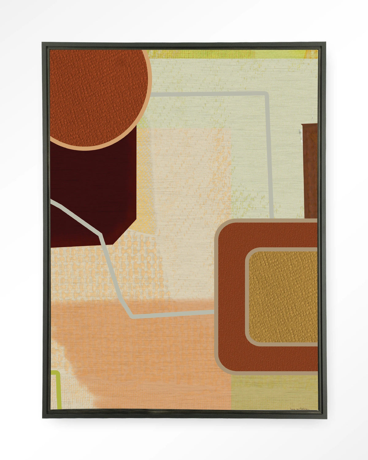 Deuce – abstract in terracotta en geel – Wandkleed – Floating frame – zwart
