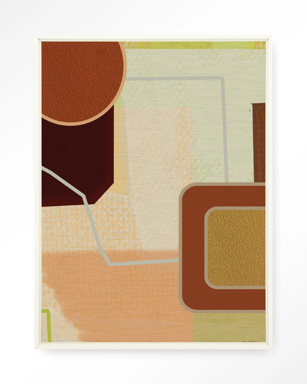 Deuce – abstract in terracotta en geel – Wandkleed – Floating frame – wit