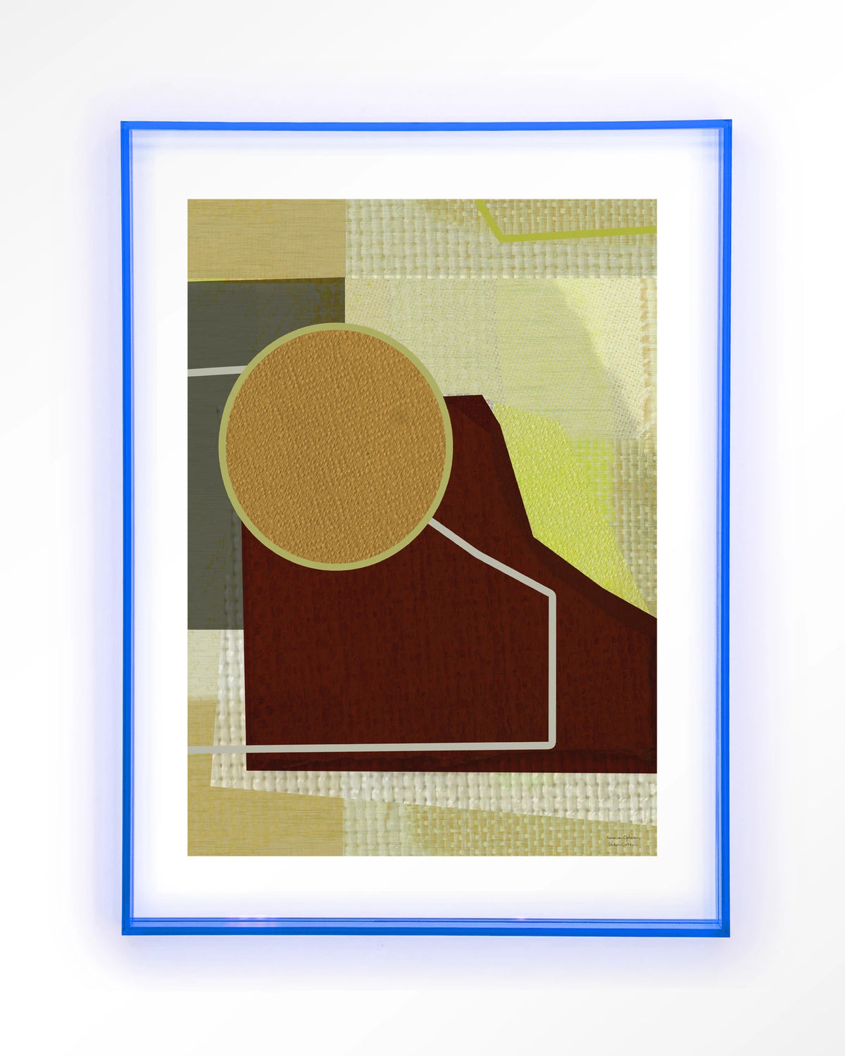 Bounce – abstract met cirkel in bruin en geel – Art print – Acryl lichtblauw