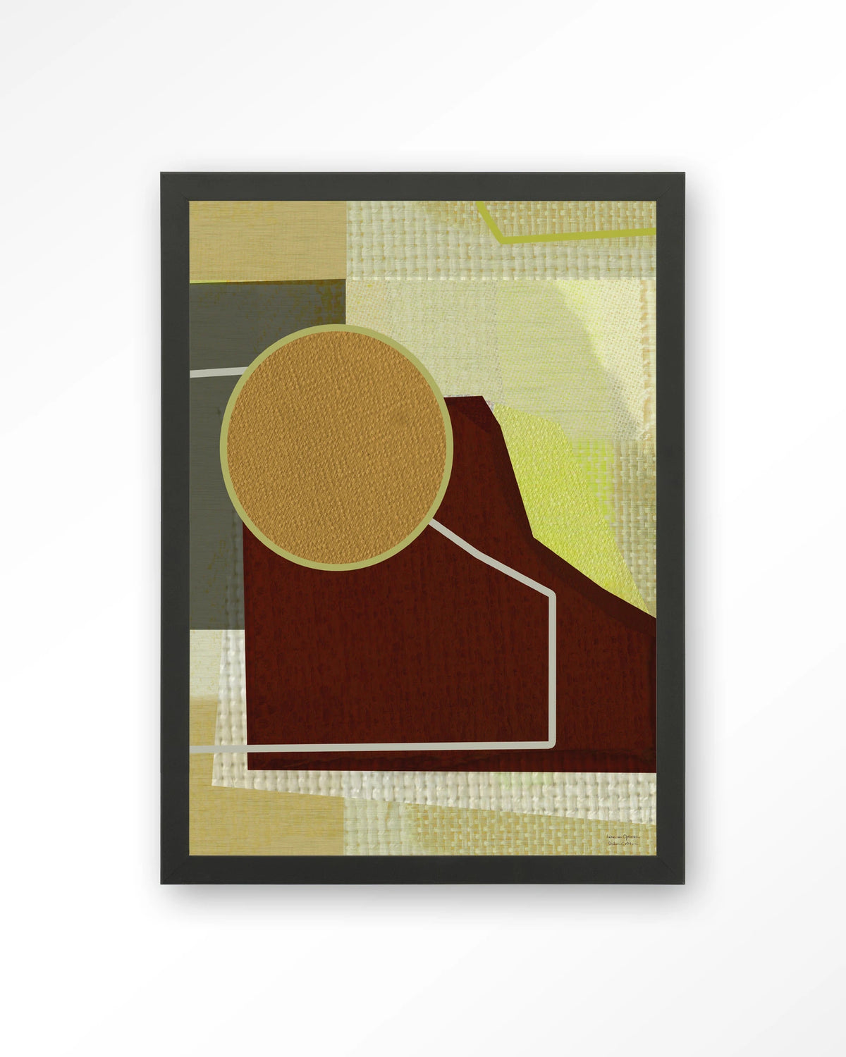 Bounce – abstract met cirkel in bruin en geel – Art print – Hout zwart
