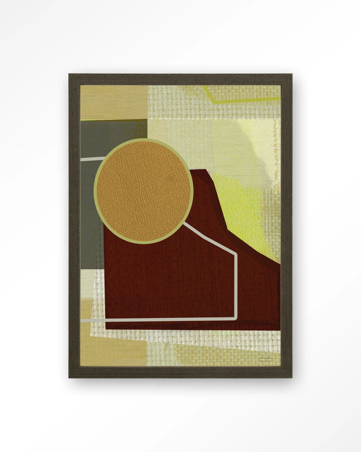 Bounce – abstract met cirkel in bruin en geel – Art print – Hout donkerbruin