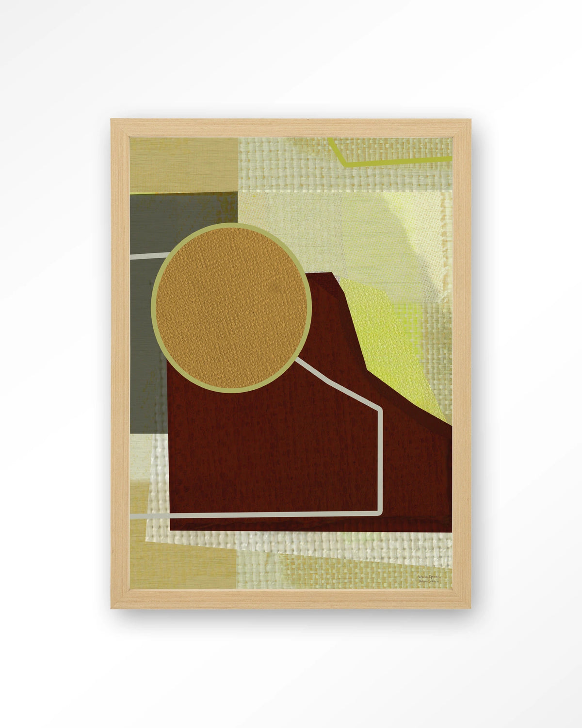 Bounce – abstract met cirkel in bruin en geel – Art print – Hout naturel