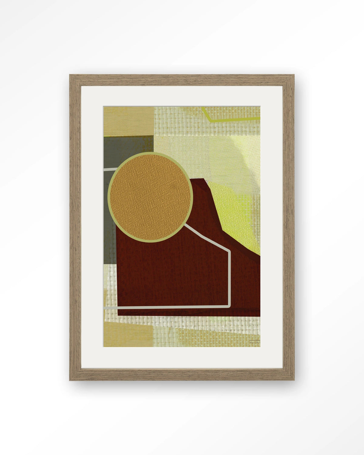 Bounce – abstract met cirkel in bruin en geel – Art print – Hout bruin + passe-partout