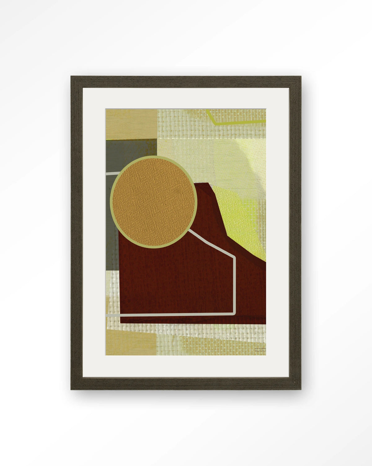 Bounce – abstract met cirkel in bruin en geel – Art print – Hout donkerbruin + passe-partout