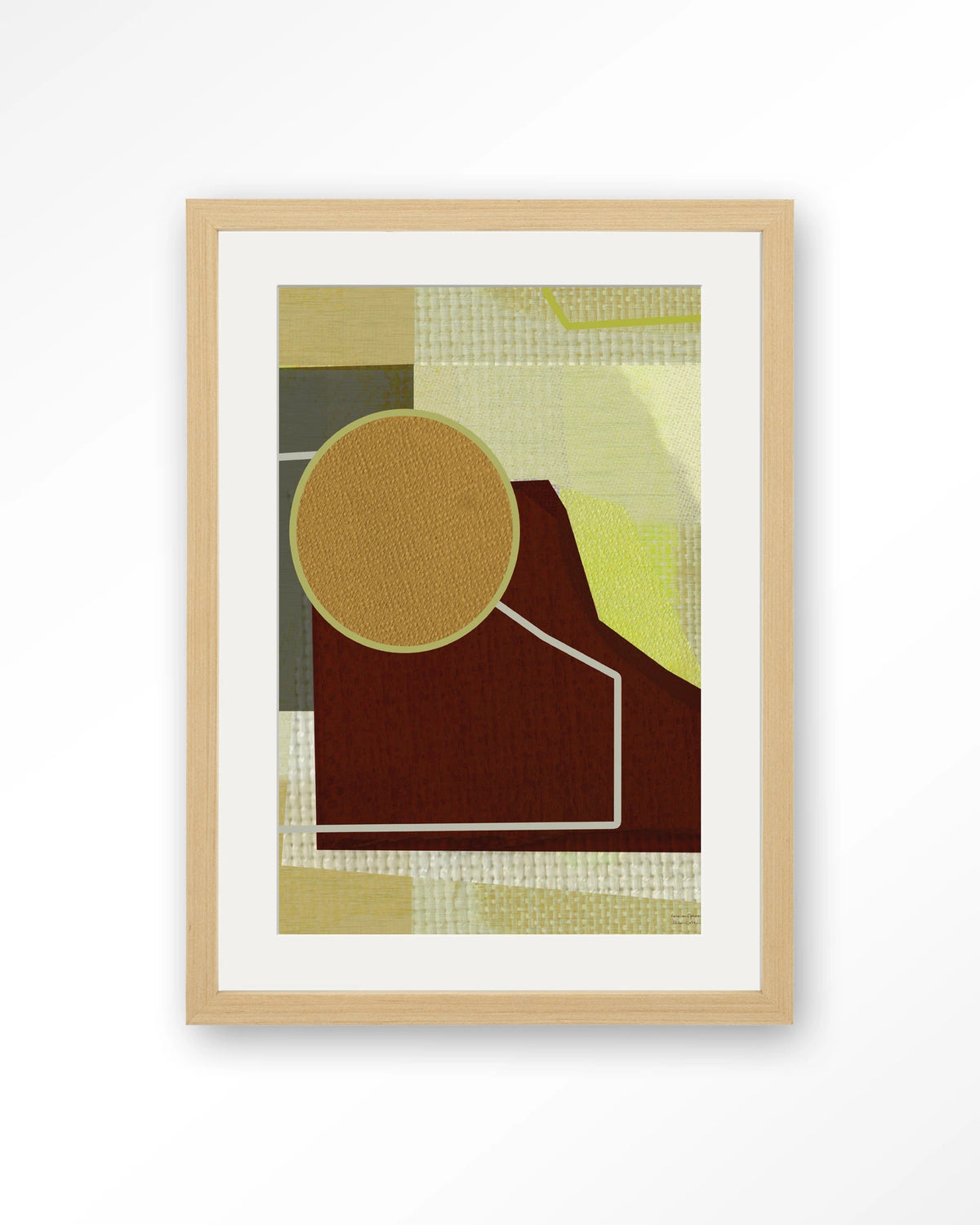 Bounce – abstract met cirkel in bruin en geel – Art print – Hout naturel + passe-partout