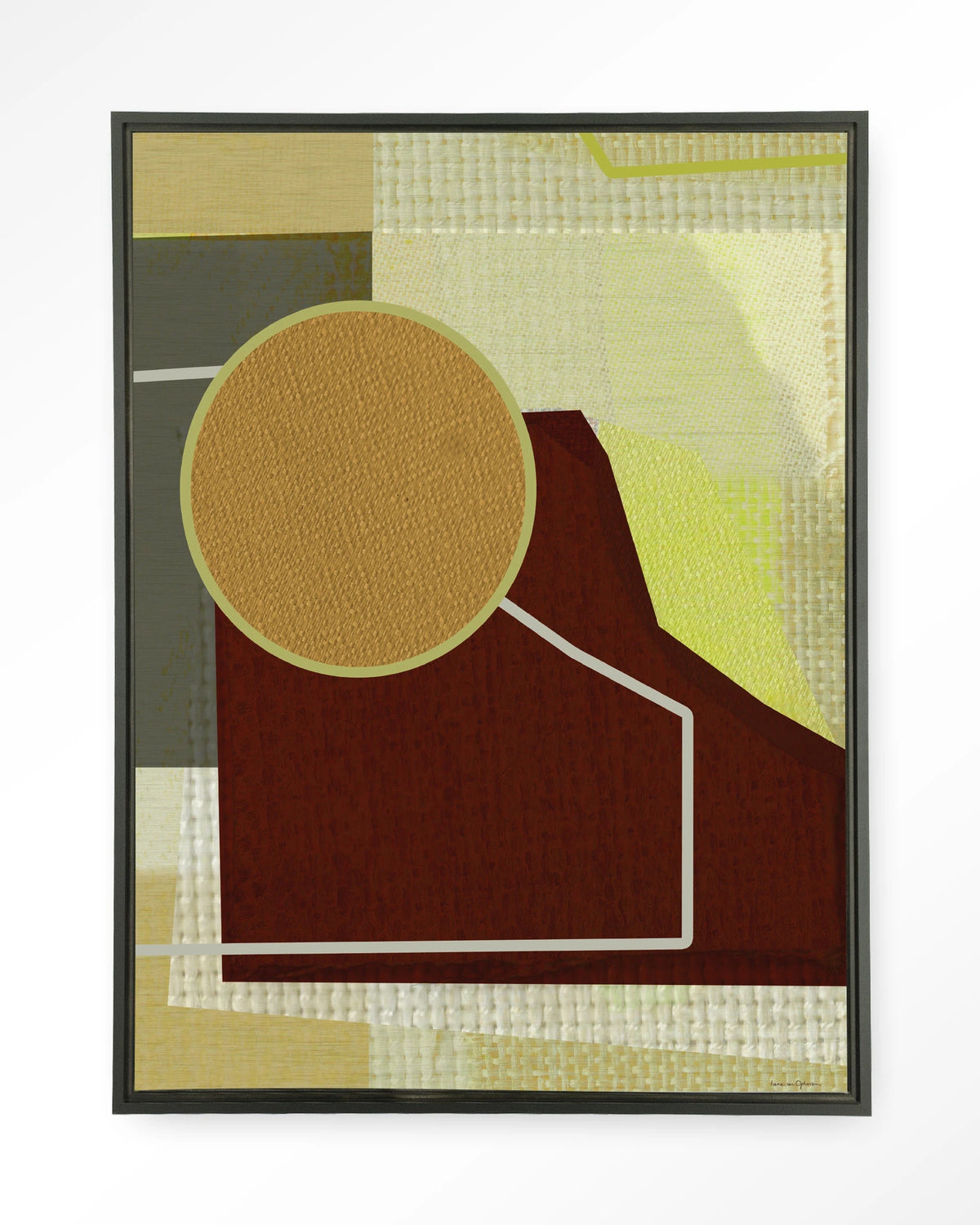 Bounce – abstract met cirkel in bruin en geel – Wandkleed – Floating frame – zwart