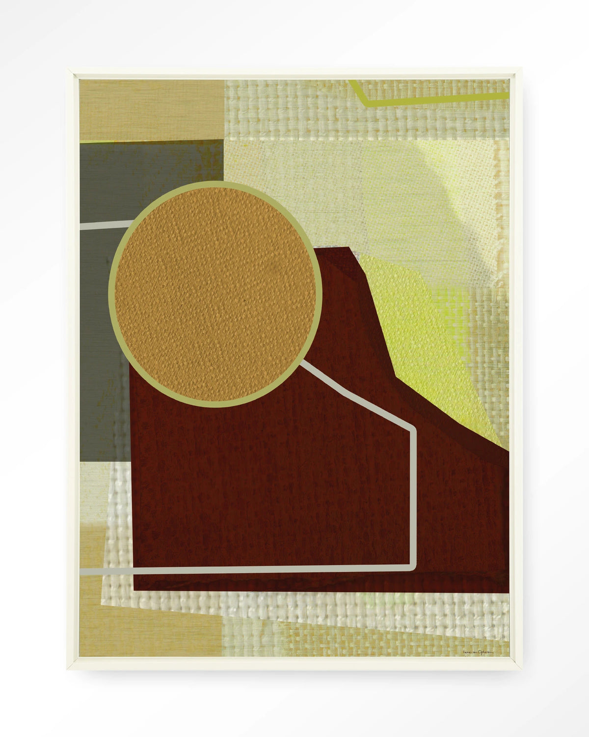Bounce – abstract met cirkel in bruin en geel – Wandkleed – Floating frame – wit