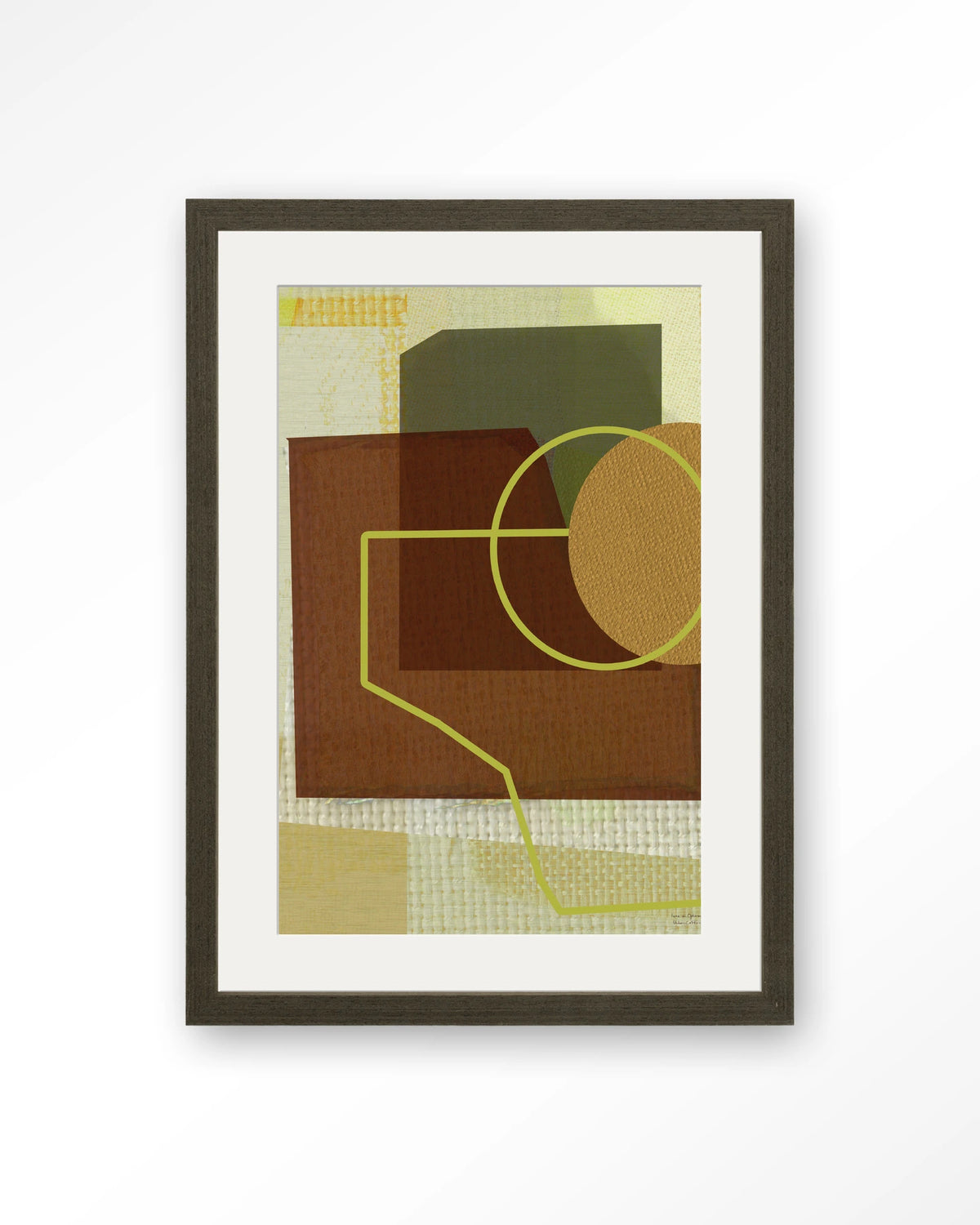 Rally – abstract geometrisch in bruin en groen – Art print – Hout donkerbruin + passe-partout