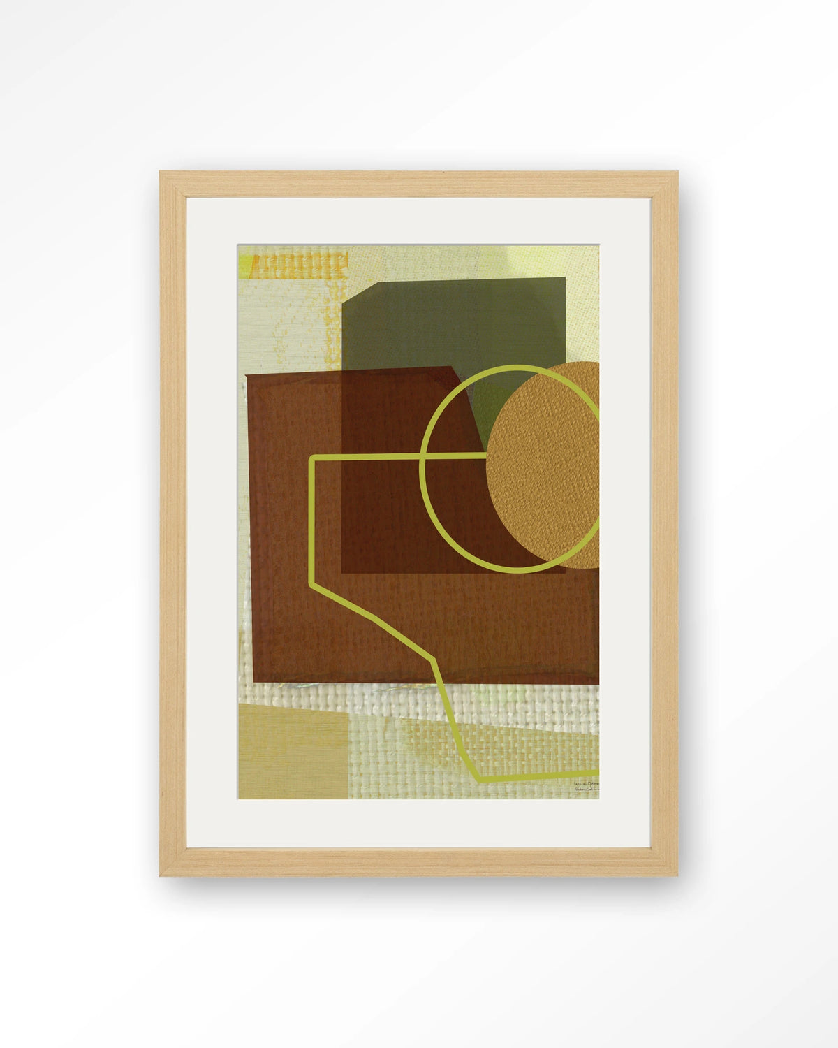 Rally – abstract geometrisch in bruin en groen – Art print – Hout naturel + passe-partout
