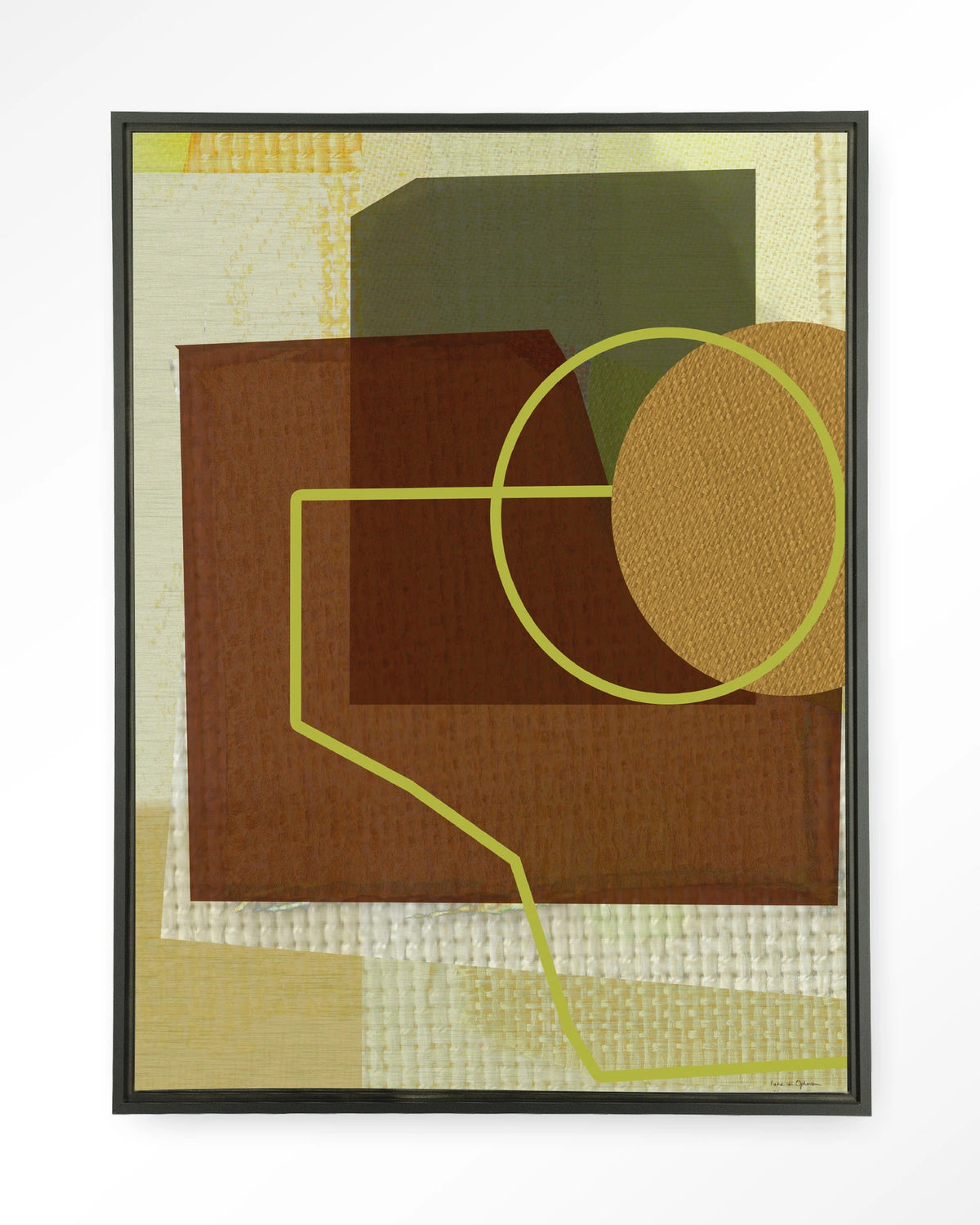 Rally – abstract geometrisch in bruin en groen – Wandkleed – Floating frame – zwart