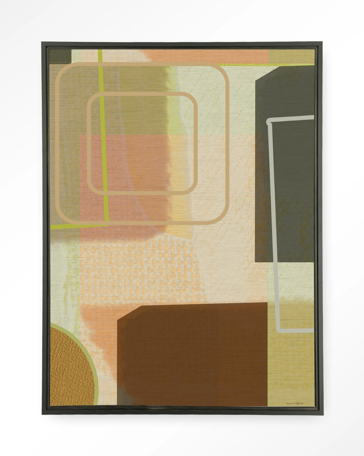 Serve – abstract in groen en bruin – Wandkleed – Floating frame – zwart