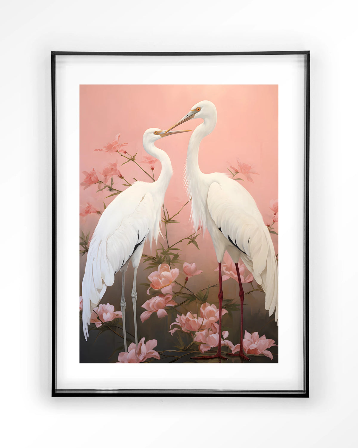 Pink Love Birds – twee witte kraanvogels met roze bloemen – Art print – Acryl zwart